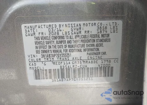 2016 Nissan Sentra Sr from USA, damaged, VIN 3N1AB7AP7GY255251
